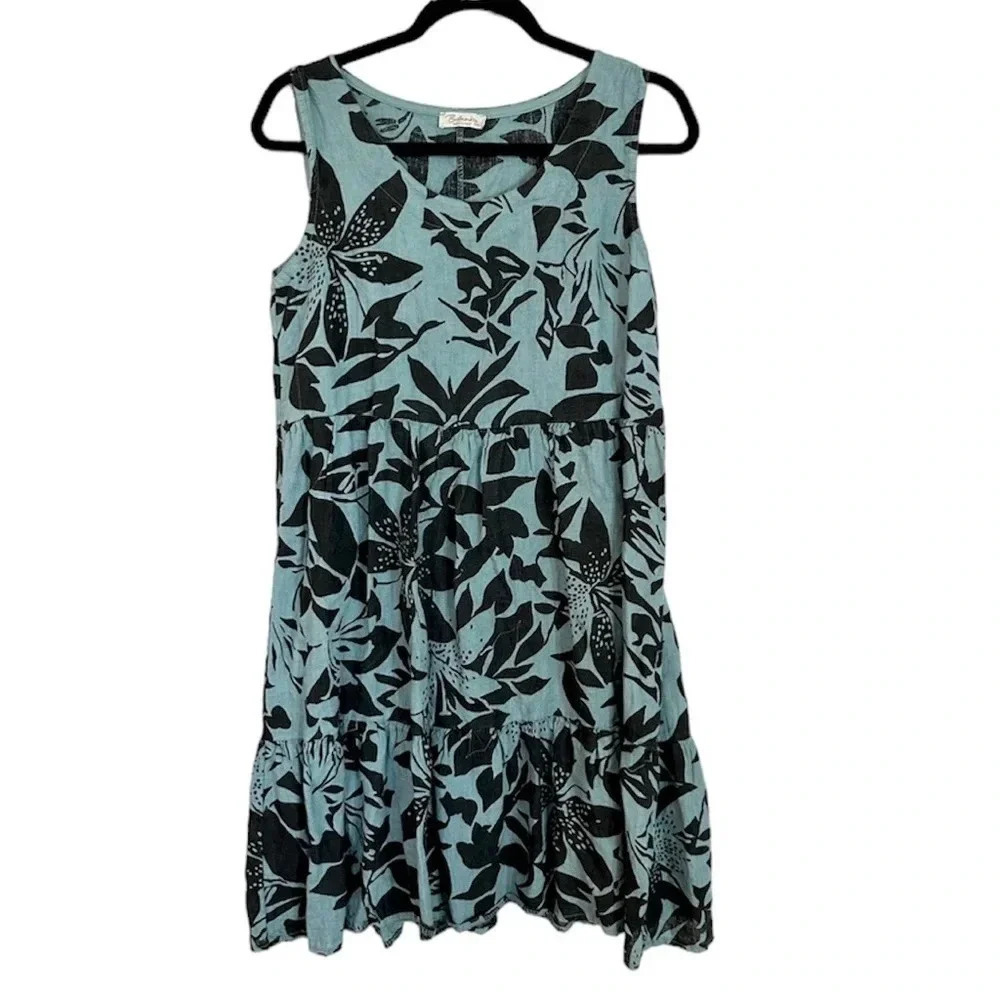 Bellambia Women's Sleeveless Scoop Neck Blue Floral Linen Dress Size XS GUC